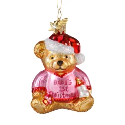 Poesie in Glas Glass Tree Decorations|Bear "Baby's 1St Christmas" (Pink)