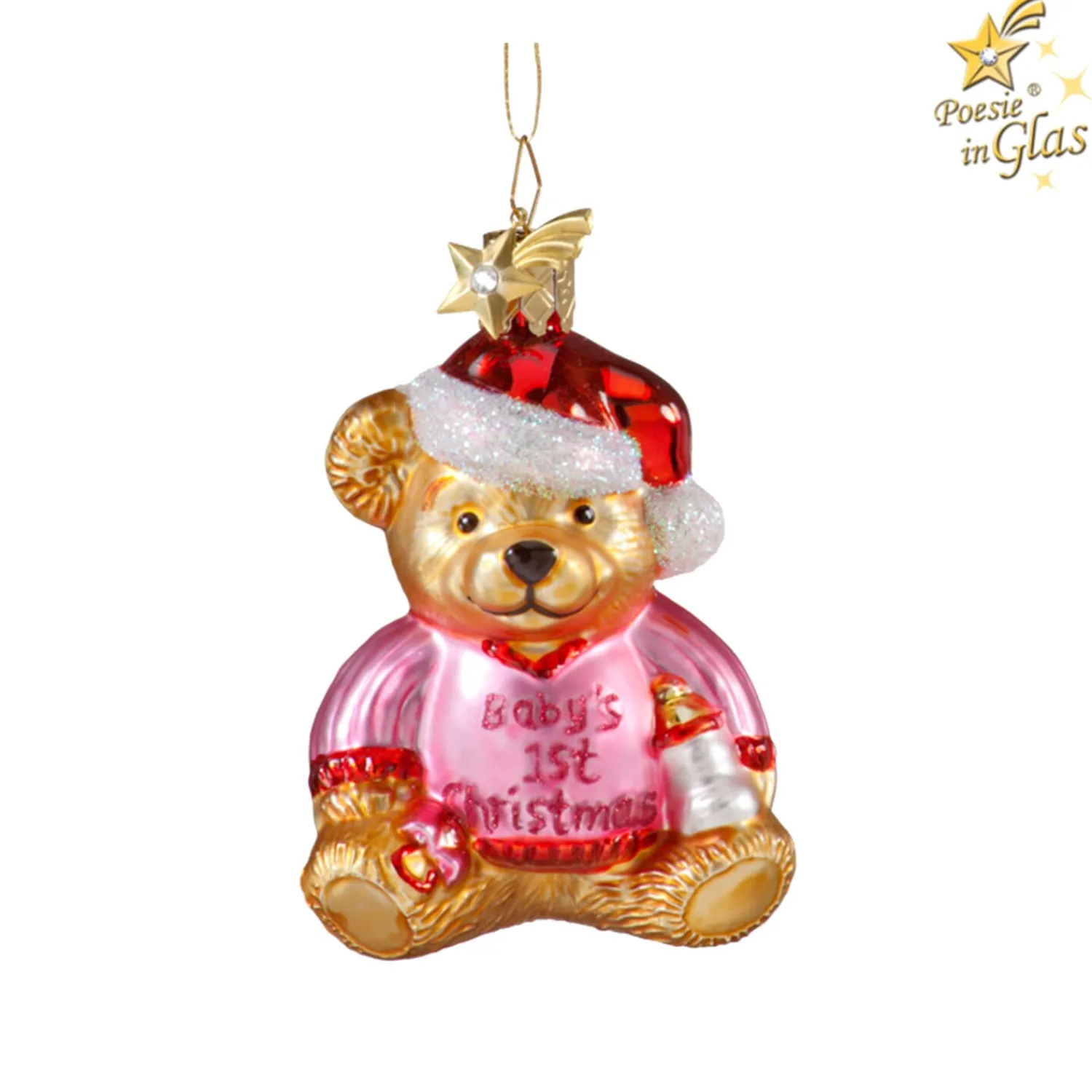 Poesie in Glas Glass Tree Decorations|Bear "Baby's 1St Christmas" (Pink)