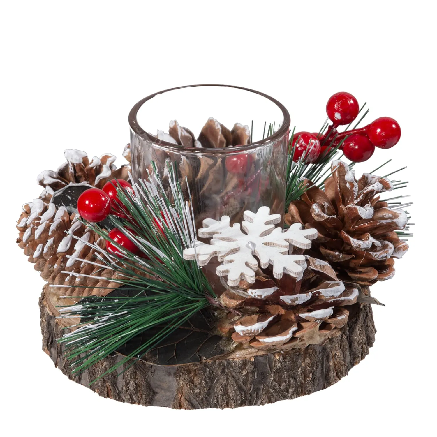 * Home Decorations|Candle Holder On Tree Slice With Red Berries And Pine Cones
