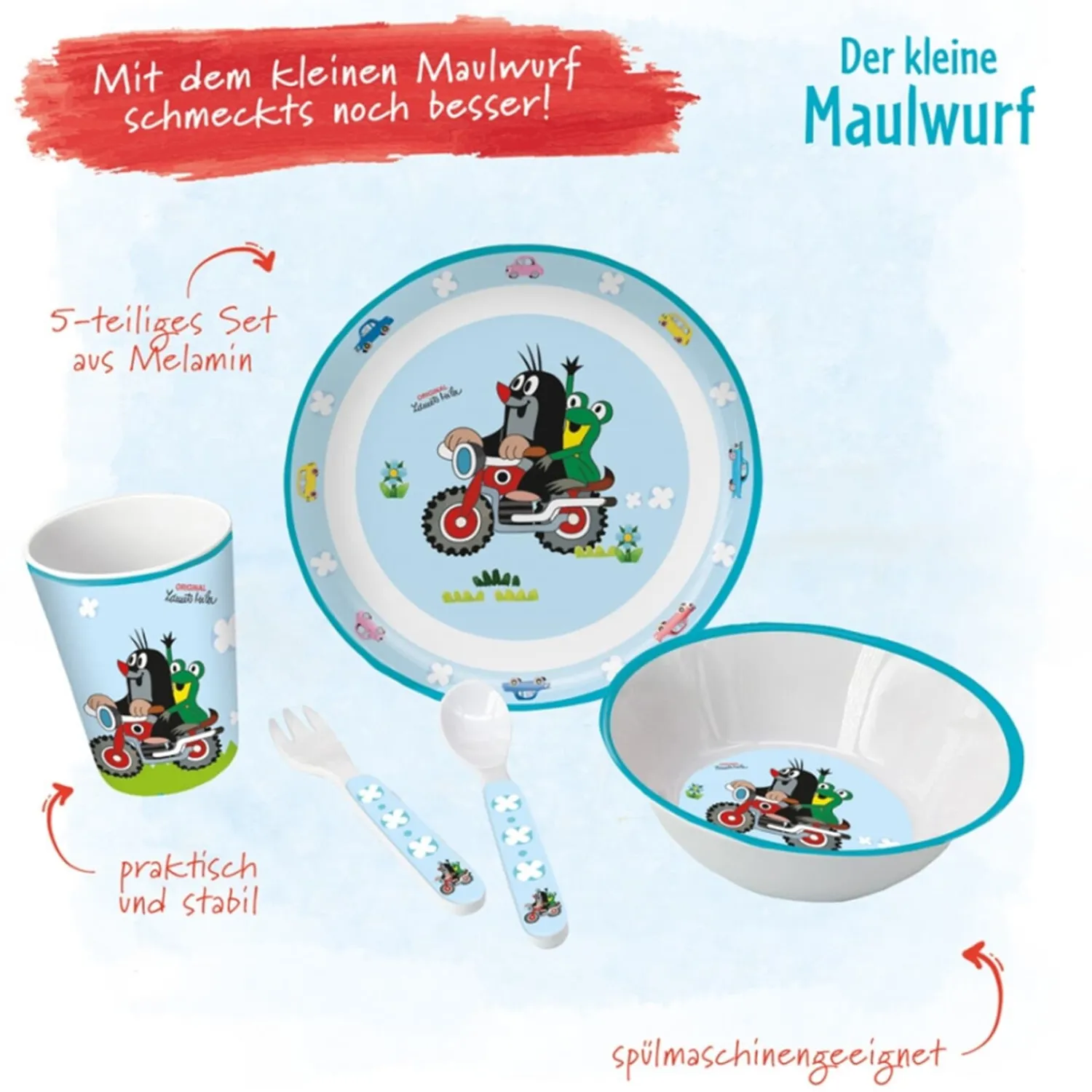 Trötsch Verlag The Little Mole "Kretek"|Children Tableware Set "The Little Mole" On Motorcycle