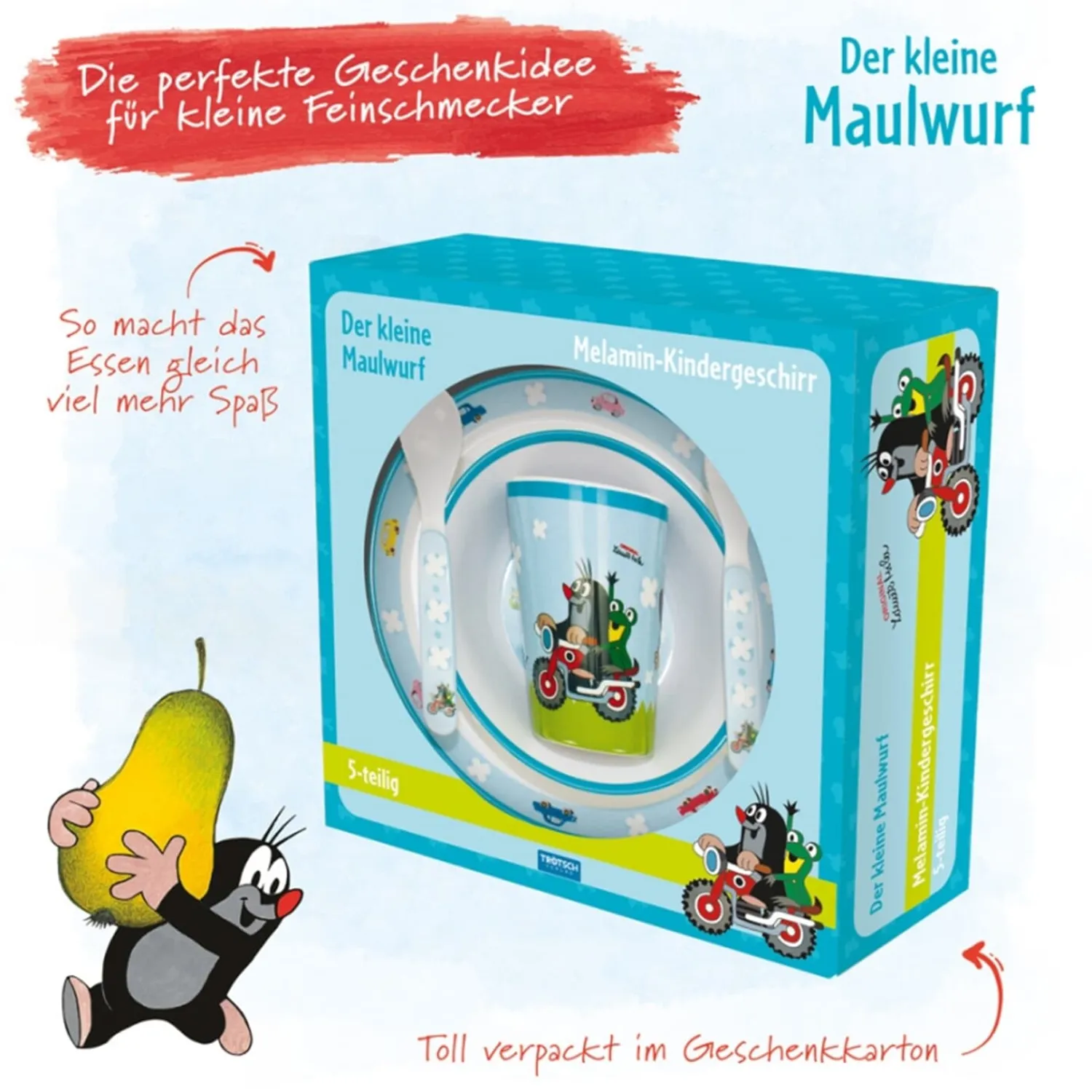 Trötsch Verlag The Little Mole "Kretek"|Children Tableware Set "The Little Mole" On Motorcycle