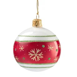 * Tree Baubles And Set Offers|Glass Bauble Opal White With Red Ribbon And Snowflakes, 6 Cm