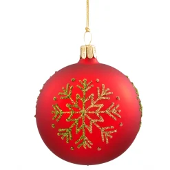 * Tree Baubles And Set Offers|Glass Bauble Red With Green Snowflake, 7 Cm