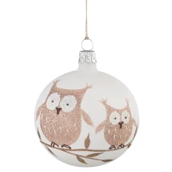 * Tree Baubles And Set Offers|Glass Bauble White With Brown Owls, 7 Cm