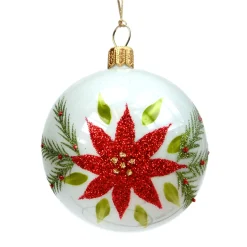 * Tree Baubles And Set Offers|Glass Bauble White With Poinsettia, 7 Cm