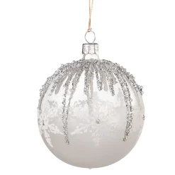 * Tree Baubles And Set Offers|Glass Bauble White With Silver Decor, 8 Cm