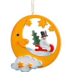 * Wood Tree Decorations|Moon With Snowman On Sled